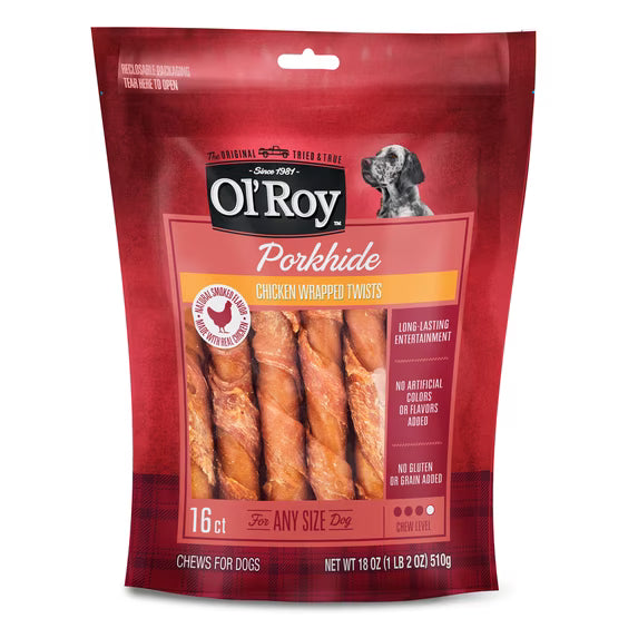 (4 pack) Ol' Roy Wrapped Pork hide Twists with Chicken Dog Treats, 18 oz, 16 Count