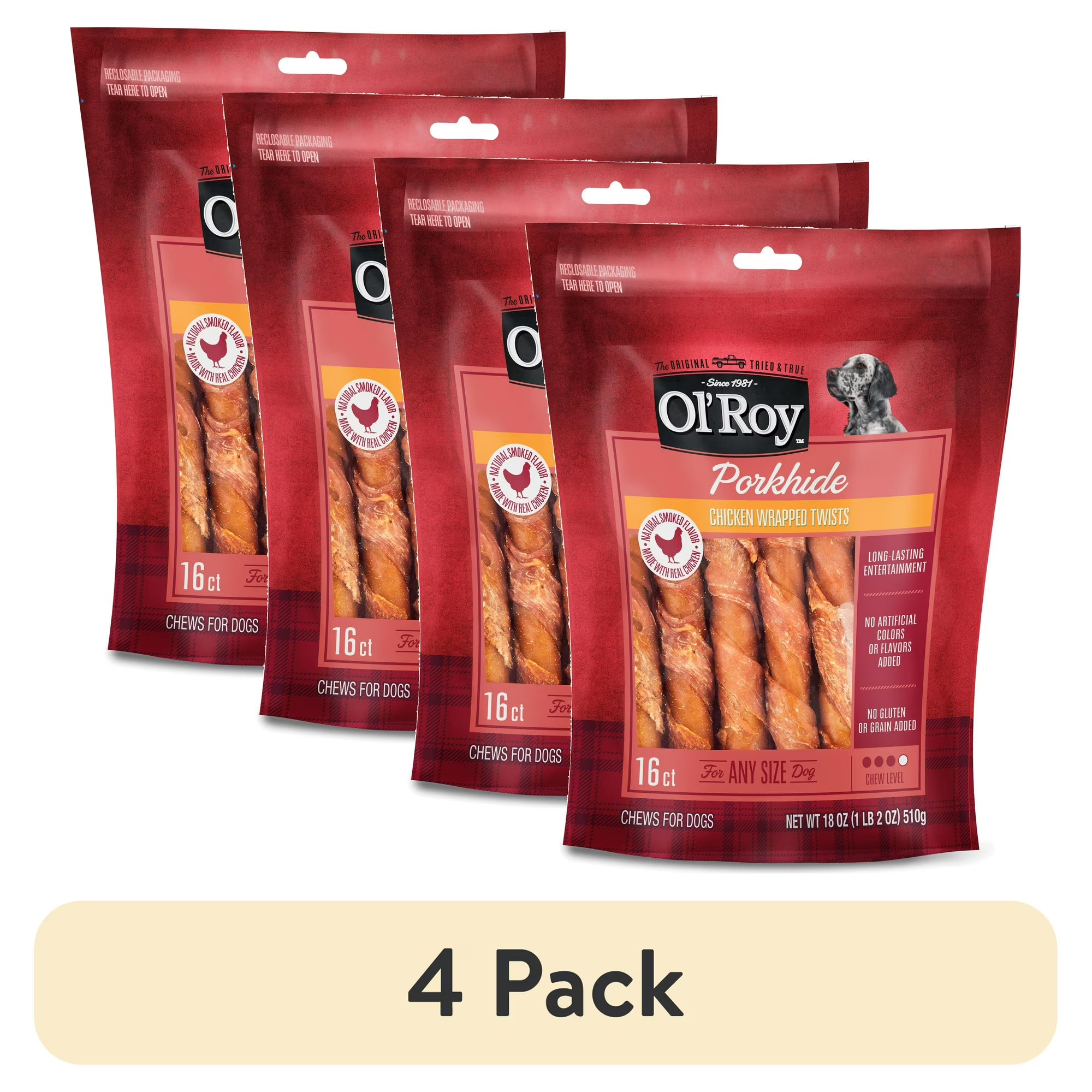 (4 pack) Ol' Roy Wrapped Pork hide Twists with Chicken Dog Treats, 18 oz, 16 Count