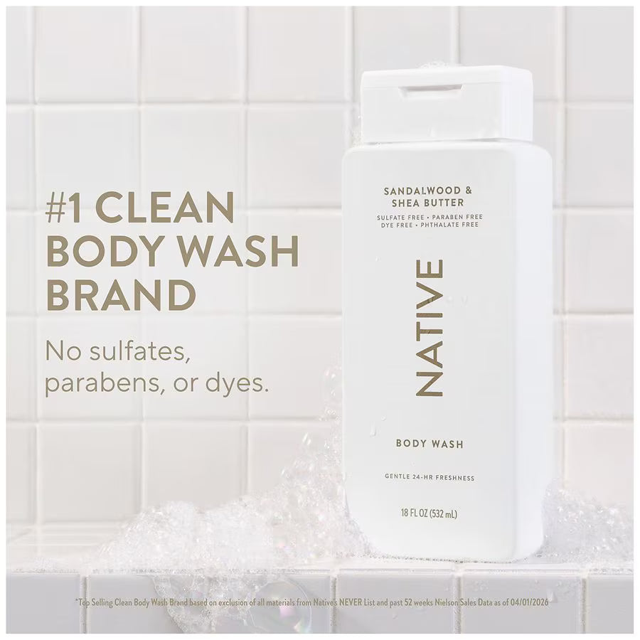 Walgreens - Native Body Wash (Pack of 2), Sulfate Free, Naturally Derived Ingredients, 24 Hour Freshness Sandalwood & Shea Butter, 18.0 fl oz