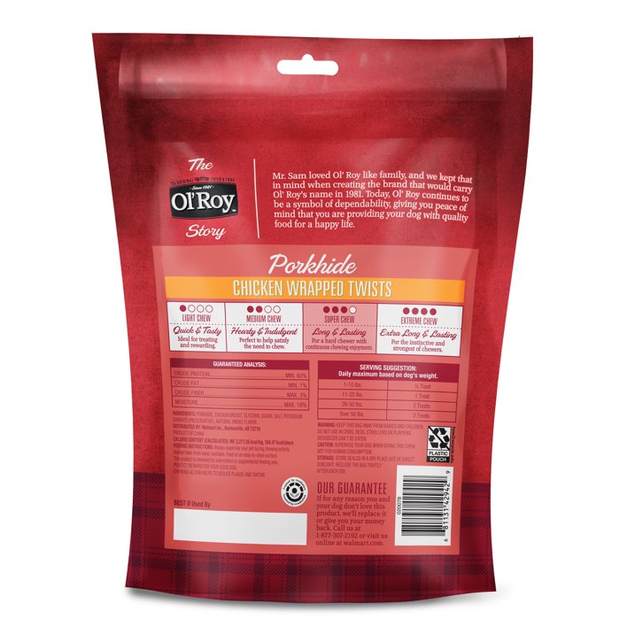 (4 pack) Ol' Roy Wrapped Pork hide Twists with Chicken Dog Treats, 18 oz, 16 Count