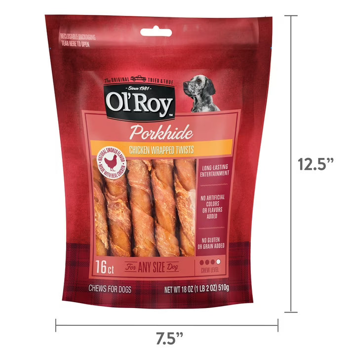 (4 pack) Ol' Roy Wrapped Pork hide Twists with Chicken Dog Treats, 18 oz, 16 Count